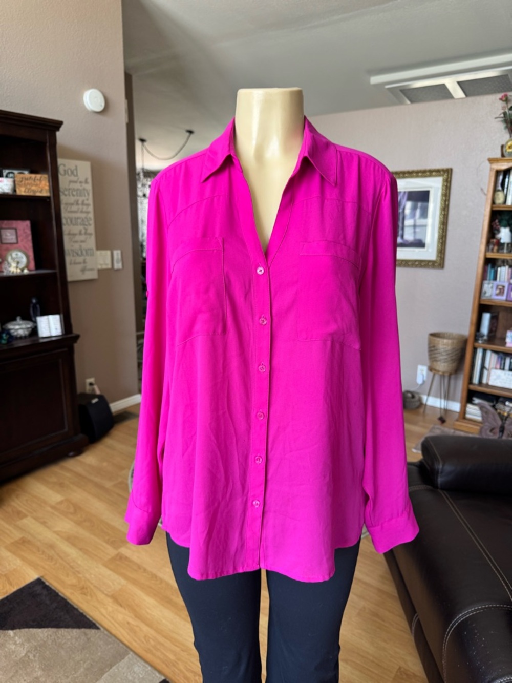 Express Portofino bright pink long roll tab sleeves Vneck blouse-size L